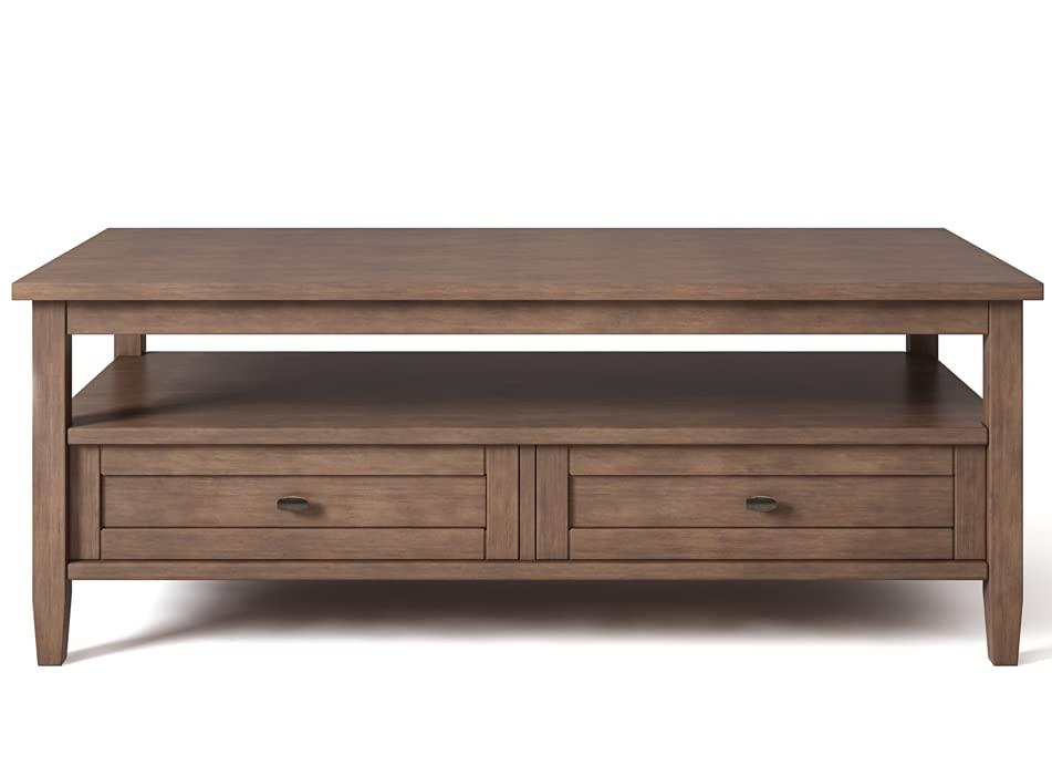 Simpli Home Warm Shaker 48"W Solid Wood Coffee Table with Two Storage Drawers and Open Shelf