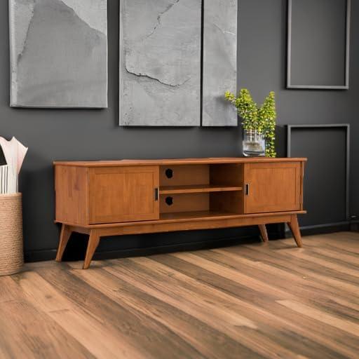 Simpli Home Draper 72"W Solid Hardwood Mid-Century Modern TV Stand for TVs up to 80" with Adjustable Shelves