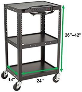 Adjustable Height Black Metal AV Cart with Electric Power Strip