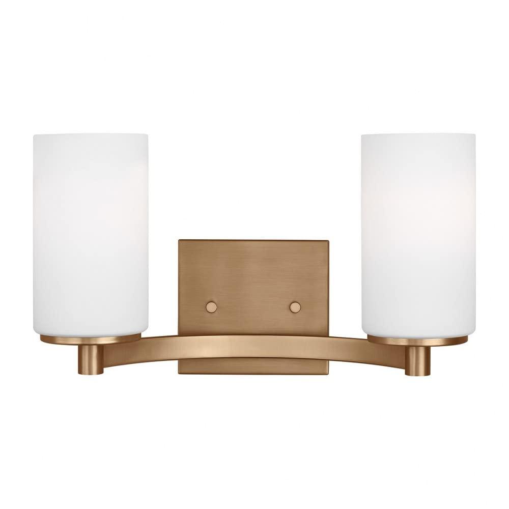 Generation Lighting 2-Light Hettinger Bath Fixture Wall Lamp Satin Brass 4439102-848, Title 24 Compliant Wall Light Fixture for Bathroom Decor, Bathroom Light Fixture Uses Standard or LED Light Bulb