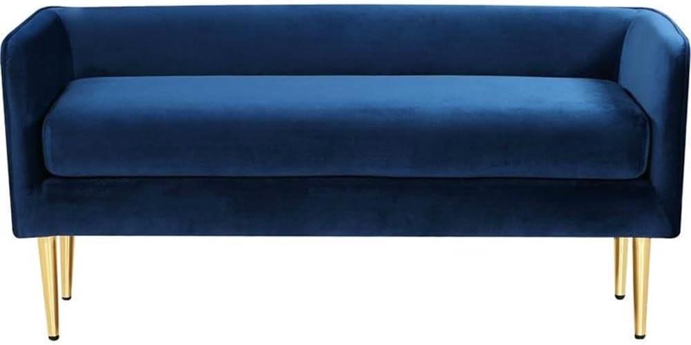 Audrey Navy Velvet Upholstered Bench with Gold Metal Legs, 52" W