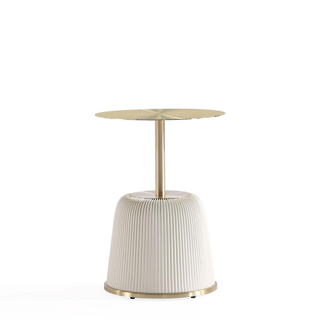 Manhattan Comfort Anderson Modern Leatherette Upholstered End Table with Gold Tabletop Cream: Round, No Assembly, Stainless Steel