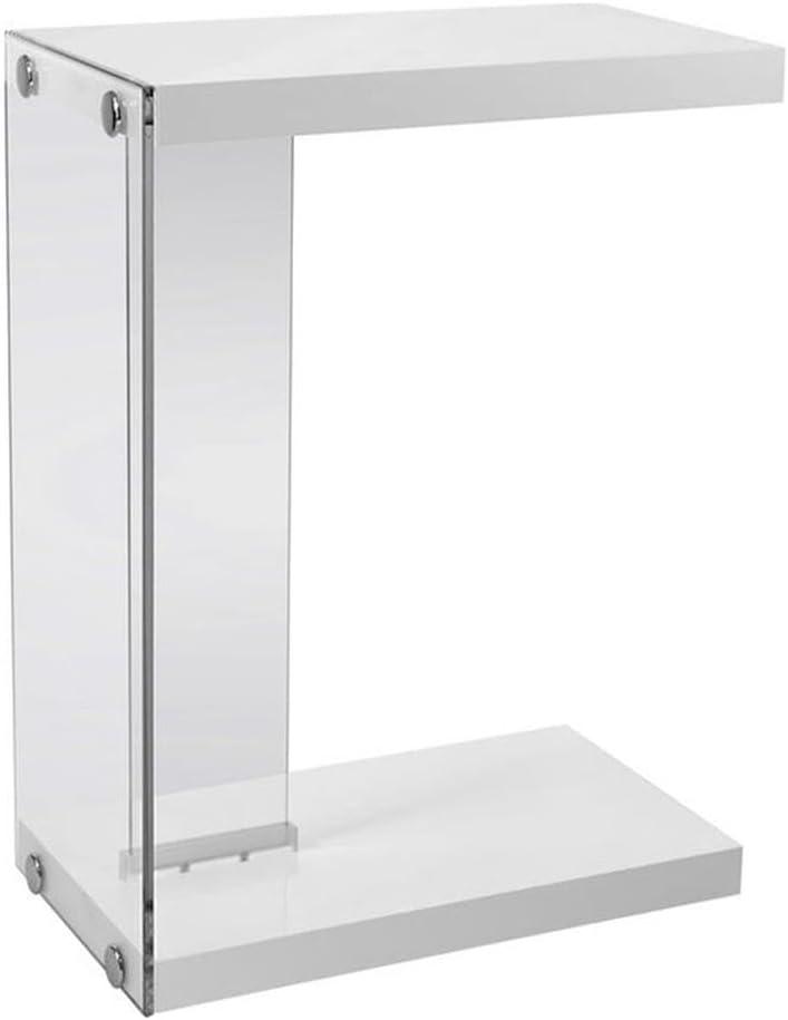 Accent Table C-shaped End Side Snack Bedroom Tempered Glass Glossy White