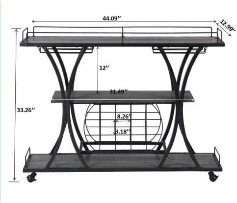 Gray Industrial Bar Cart with Wine Rack and Glass Shelf