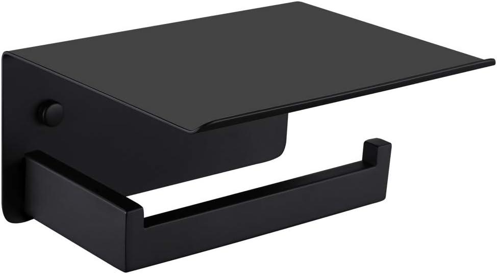 APLusee Toilet Paper Holder with Shelf Matte Black, 304 Stainless Steel Tissue Holder, Wall Mounted