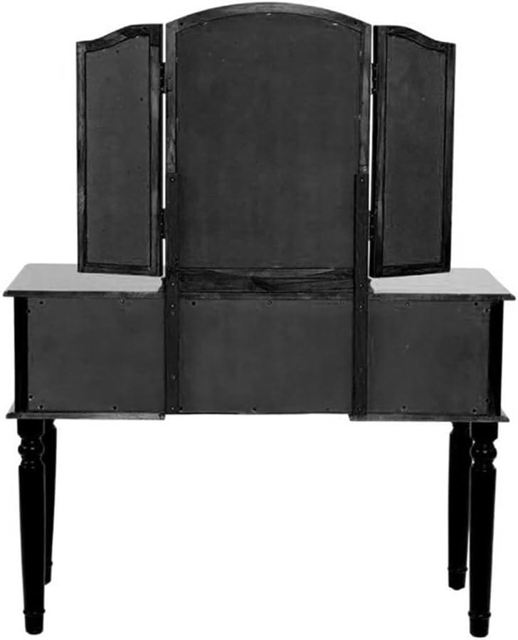 Bobkona St. Croix 3 Fold Mirror Vanity Table with Stool Set, Black