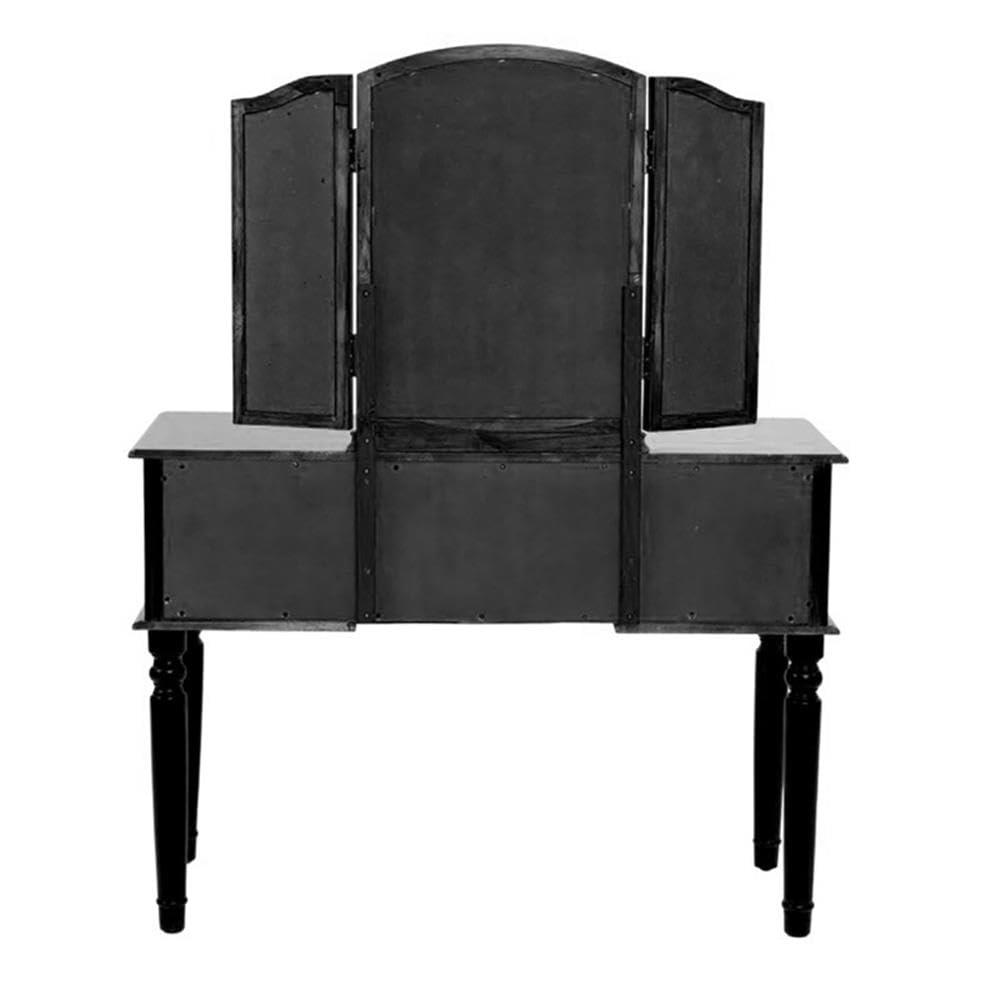 Bobkona St. Croix 3 Fold Mirror Vanity Table with Stool Set, Black