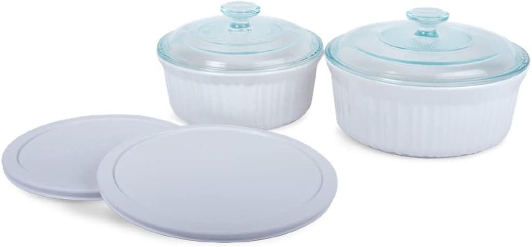 White Stoneware 6-Piece Bakeware Set with Glass and Plastic Lids