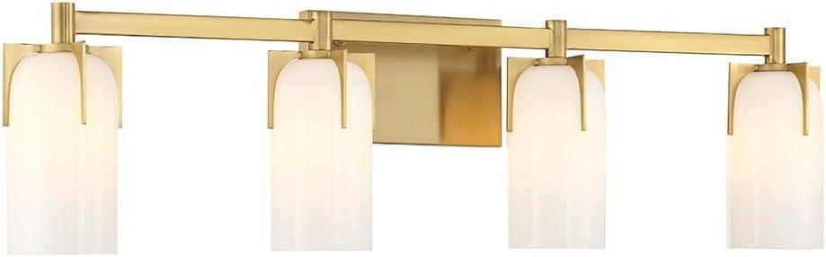 Warm Brass 4-Light Bathroom Vanity with Etched Opal Glass