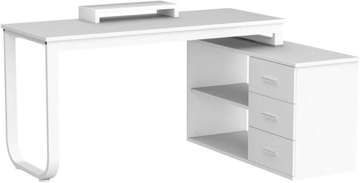 AIEGLE L Shpaed Desk with 3 Drawers and Shelves Desk with Hutch for Home Office White