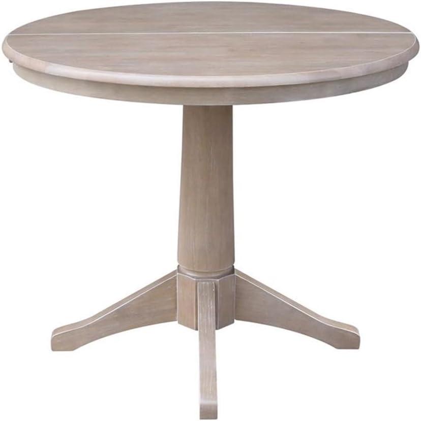 36" Magnolia Round Top Dining Table with 12" Leaf Washed Gray Taupe - International Concepts: Hardwood Pedestal Base, Seats 4