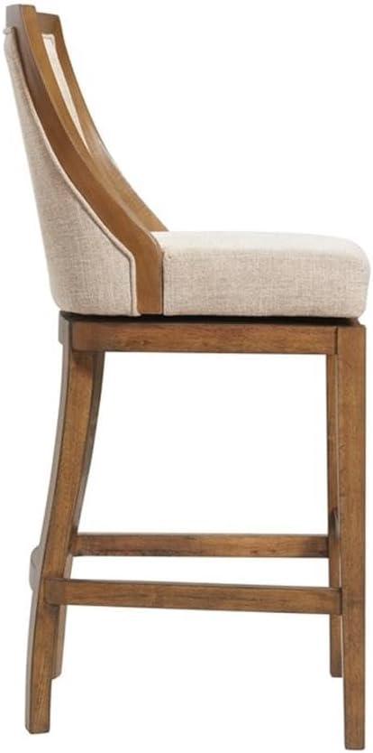 Alaterre Ellie Bar Height Stool, Back, Swivel Seat, Brown, Upholstered Padded Seat, Rubberwood Frame, Steel Memory Return Mechanism, Dimensions 19 in. W x 22 in. D x 46 in. H, Footrest, Metal Kick Plate