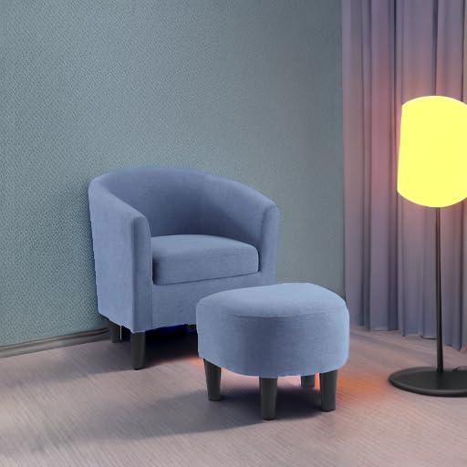 Blue Fabric Barrel Accent Chair with Ottoman