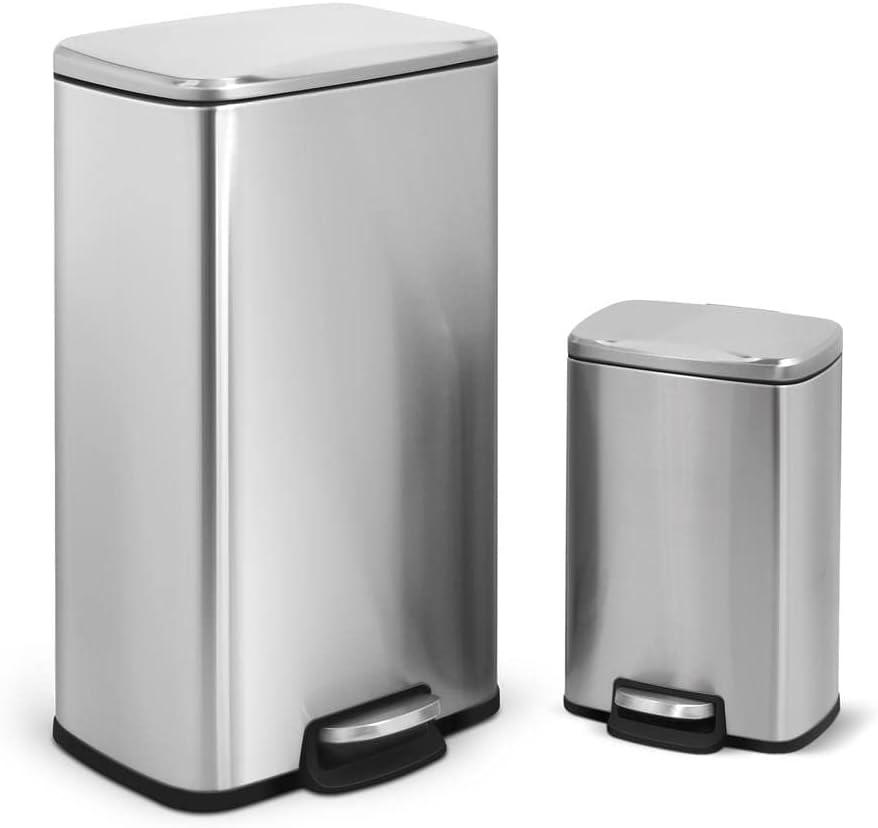 Innovaze 8 and 1.3 Gallon Trash Can Combo, Rectangular Step On Kitchen and Bathroom Trash Can, Stainless Steel