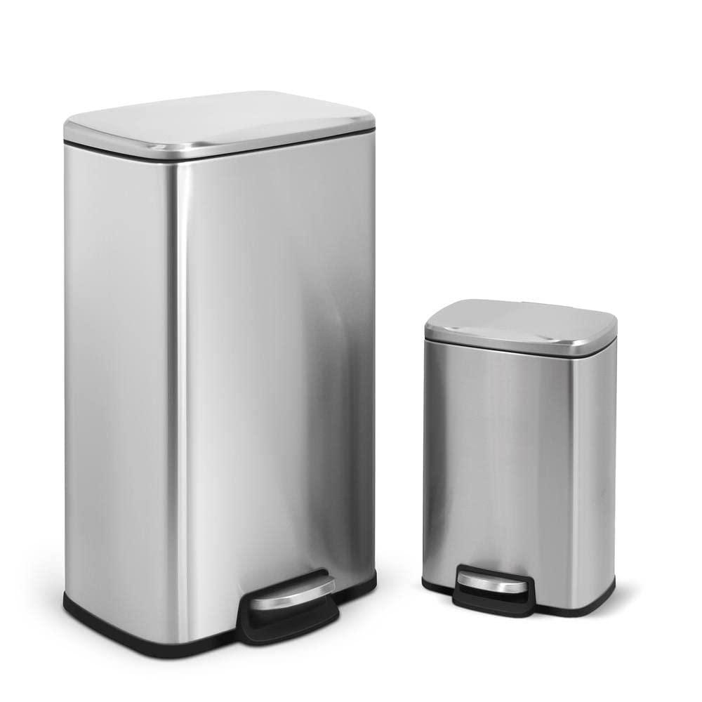 Innovaze 8 and 1.3 Gallon Trash Can Combo, Rectangular Step On Kitchen and Bathroom Trash Can, Stainless Steel