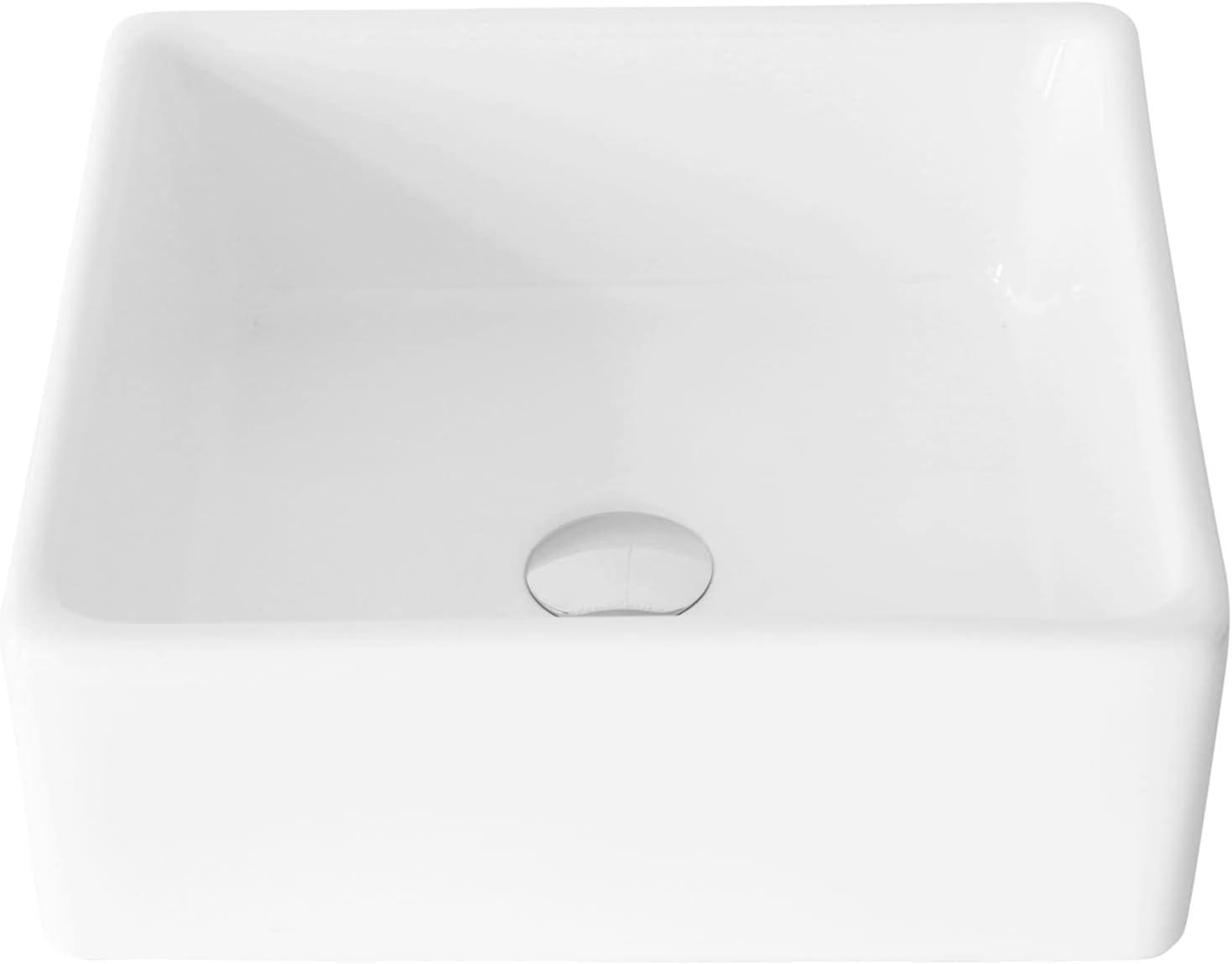 White Ceramic Square Above-Counter Bathroom Vessel Sink, 15 Inch