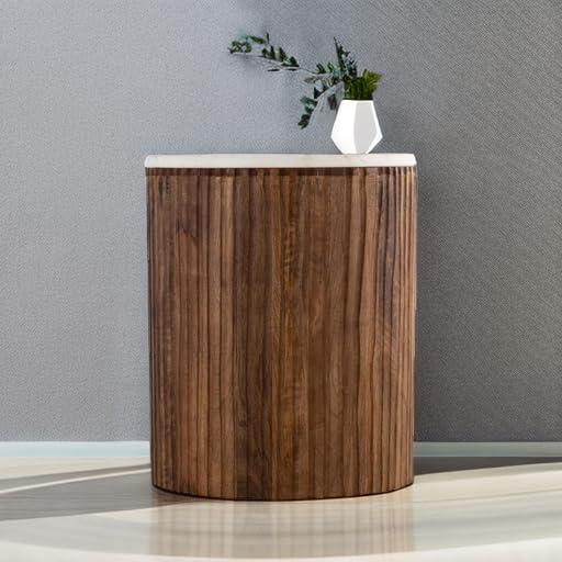 Round Marble Top Solid Mango Wood Decorative Cylindrical Base Side/End Table,Contemprary Accent Side/End Table,Fully Assembled, for The Living Room and Bedroom Gray