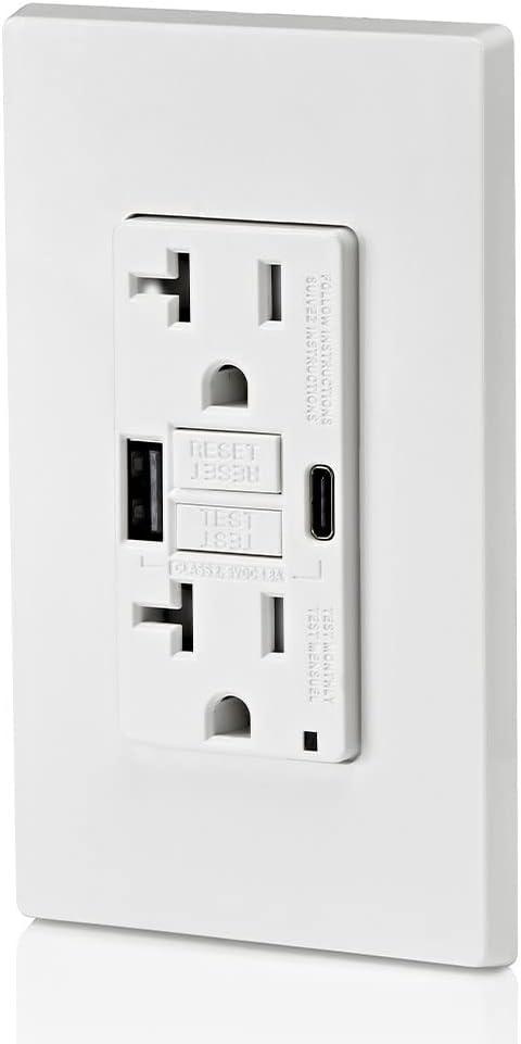 Leviton 20A SmartlockPro Self-Test GFCI Combination with Type A & Type-C USB in-Wall, USB Charger for Smartphones and Tablets, GUAC2-W, White