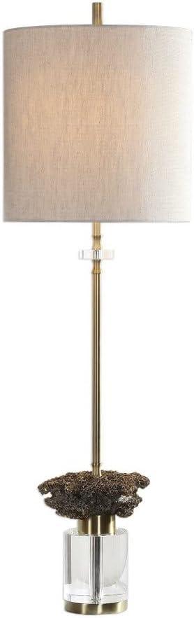Uttermost Modern Buffet Table Lamp 34" Tall Brushed Brass Crystal Oatmeal Linen Drum Shade for Living Room Bedroom House Dining