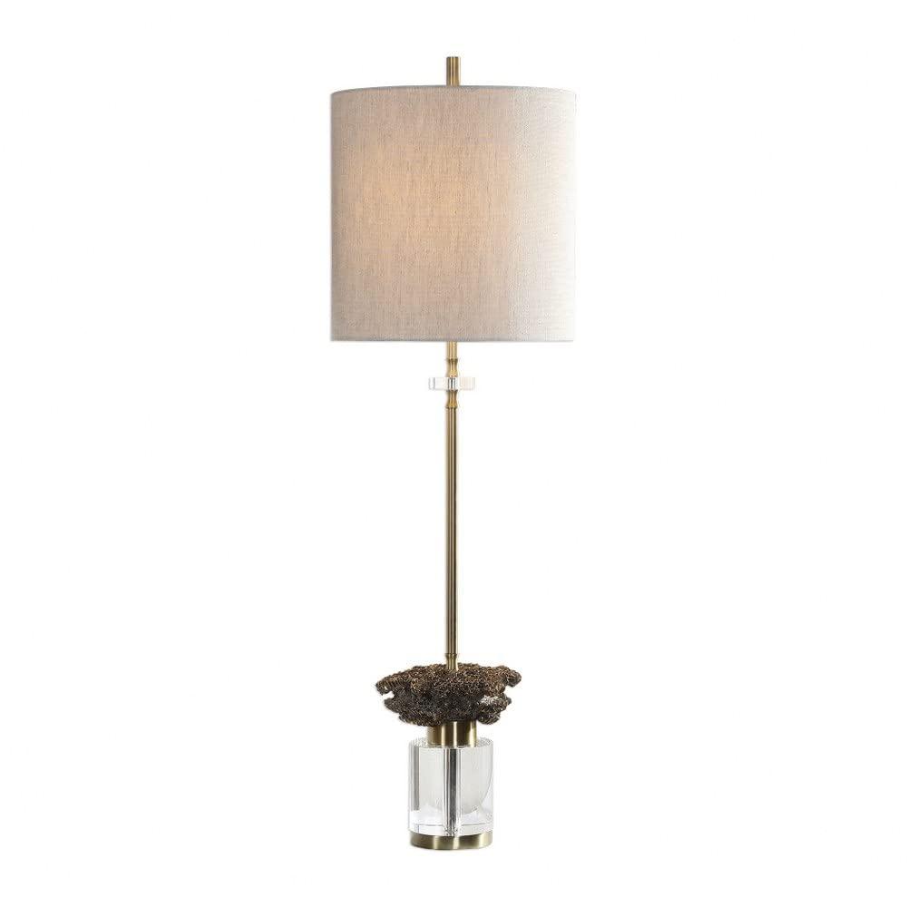 Uttermost Modern Buffet Table Lamp 34" Tall Brushed Brass Crystal Oatmeal Linen Drum Shade for Living Room Bedroom House Dining