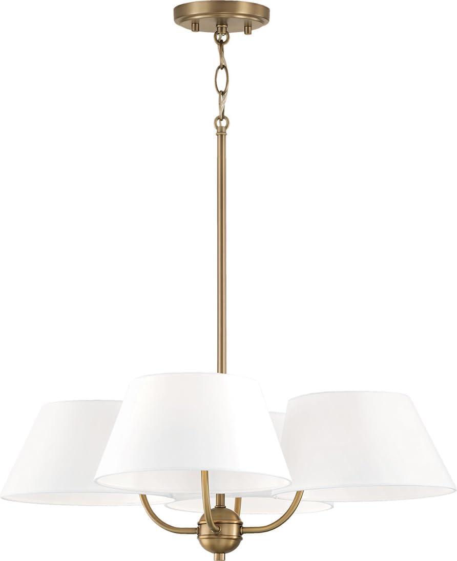 Aged Brass 4-Light Chandelier with White Fabric Drum Shades