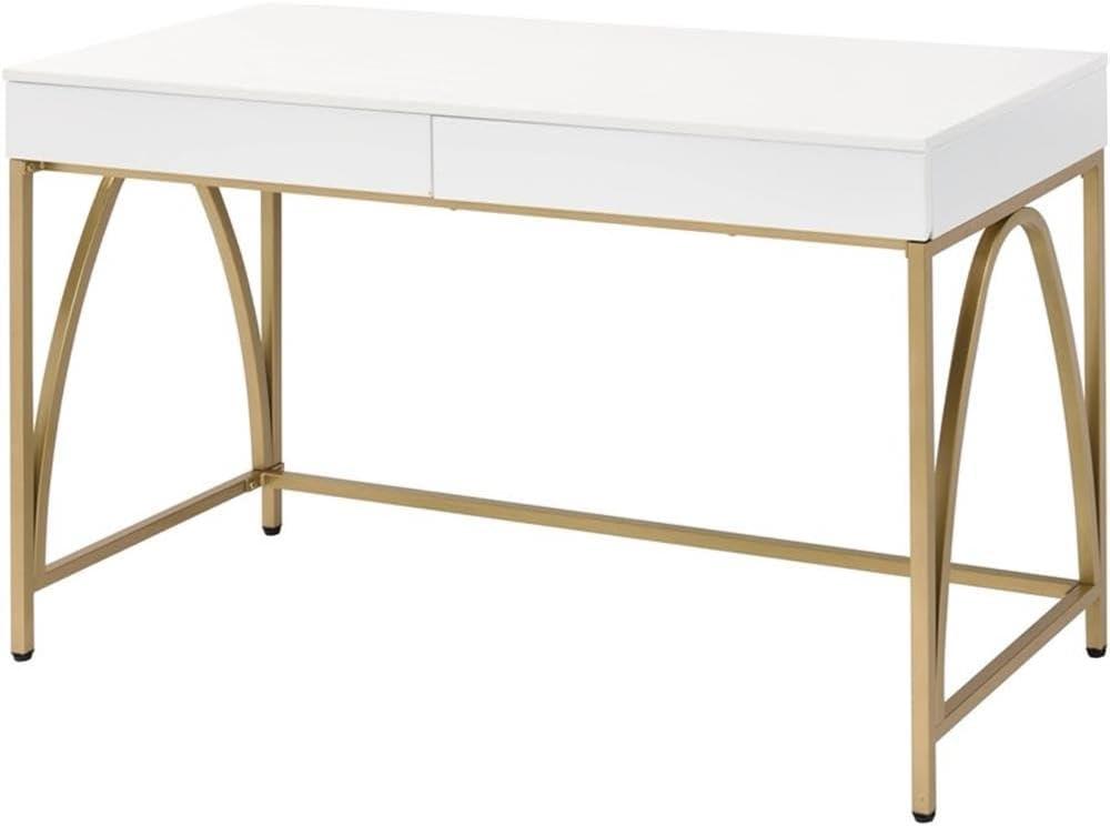 Light Mane Desk White High Gloss/Gold - Acme Furniture: 31" H, 2 Drawers, Metal Frame, 47" W