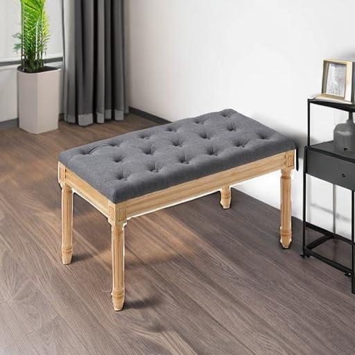 VEVOR Entryway Bench Upholstered Ottoman, Bedroom Bench for End of Bed Foam Padded Cushion & Rubberwood Legs, Tufted Footrest Stool for Dining, Living Room, Hallway, 32 x 16 x 19 Inches, Dark Gray