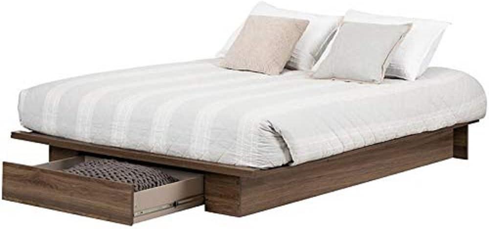 Natural Walnut Queen Platform Bed with Storage Drawer