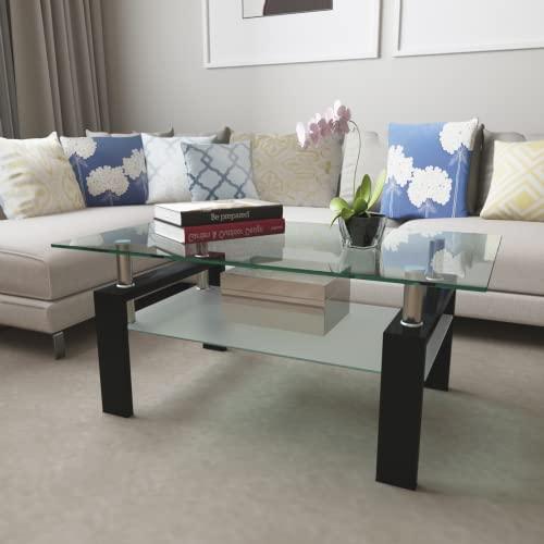 Glass Coffee Table Set of 3 Piece, Living Room Table Set of 3, Black Coffee Table and End Coffee Table Sets, Metal Frame (Black C, Set of 3)