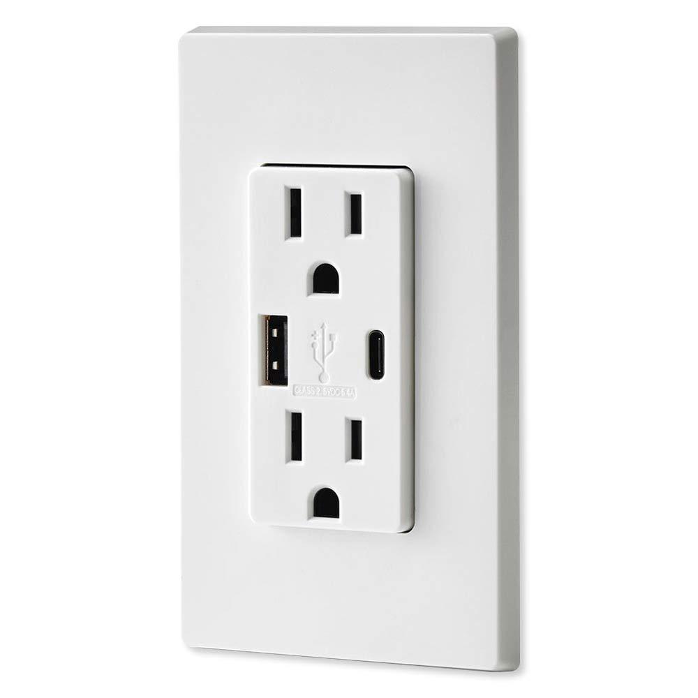 White Tamper Resistant Duplex Outlet with USB Type A and C Ports