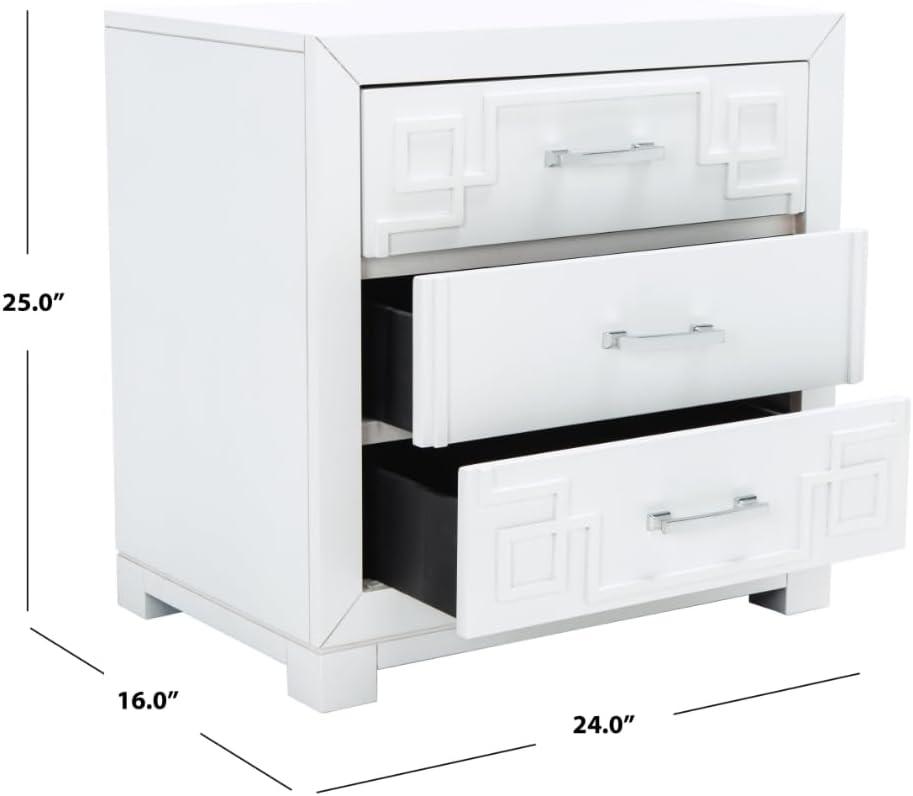 Raina 3 Drawer Greek Key Nightstand - FOX6278 - White/Silver - Safavieh Couture