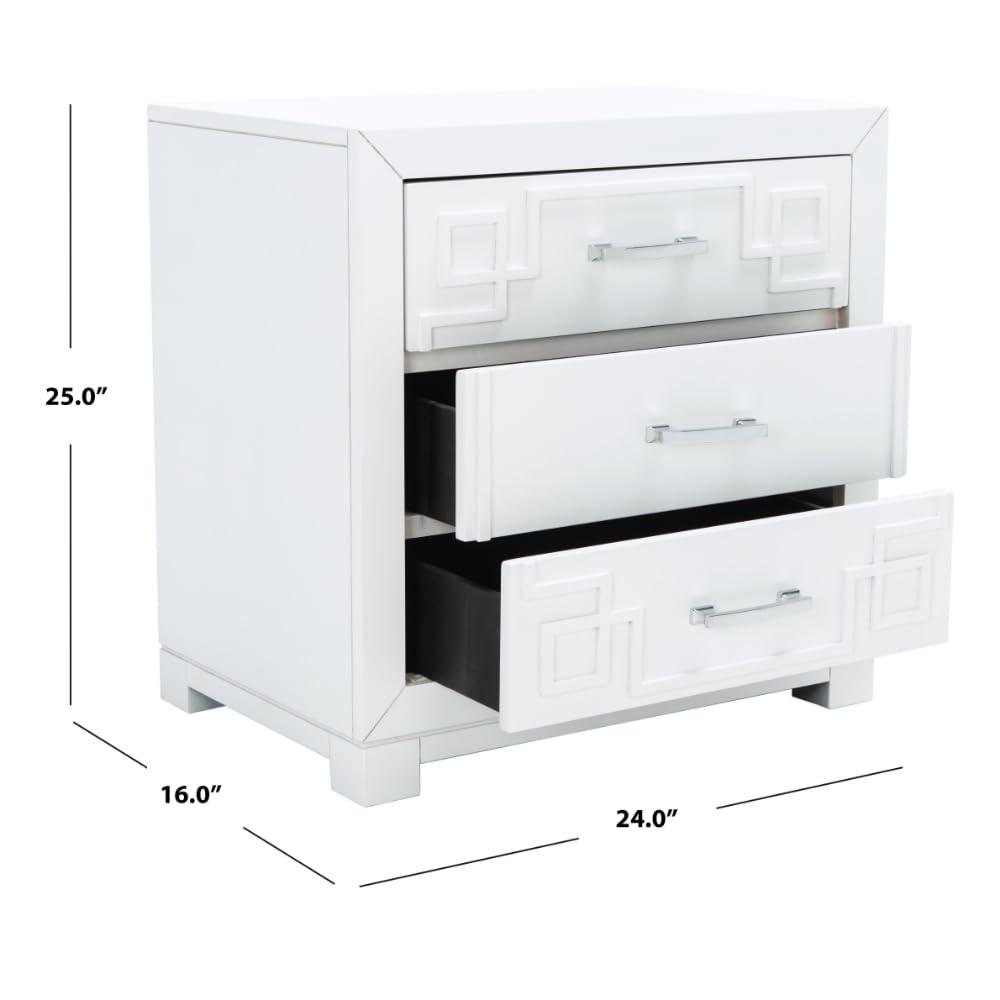 Raina 3 Drawer Greek Key Nightstand - FOX6278 - White/Silver - Safavieh Couture