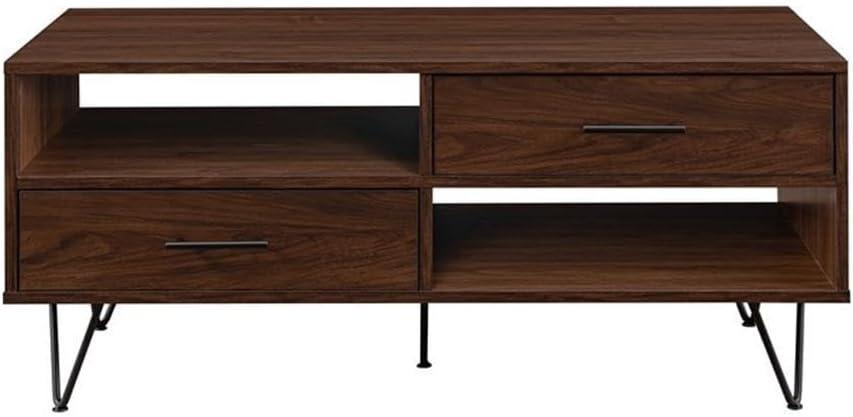 42" 2-Drawer Wood Coffee Table with Hairpin Legs - Dark Walnut/ Black