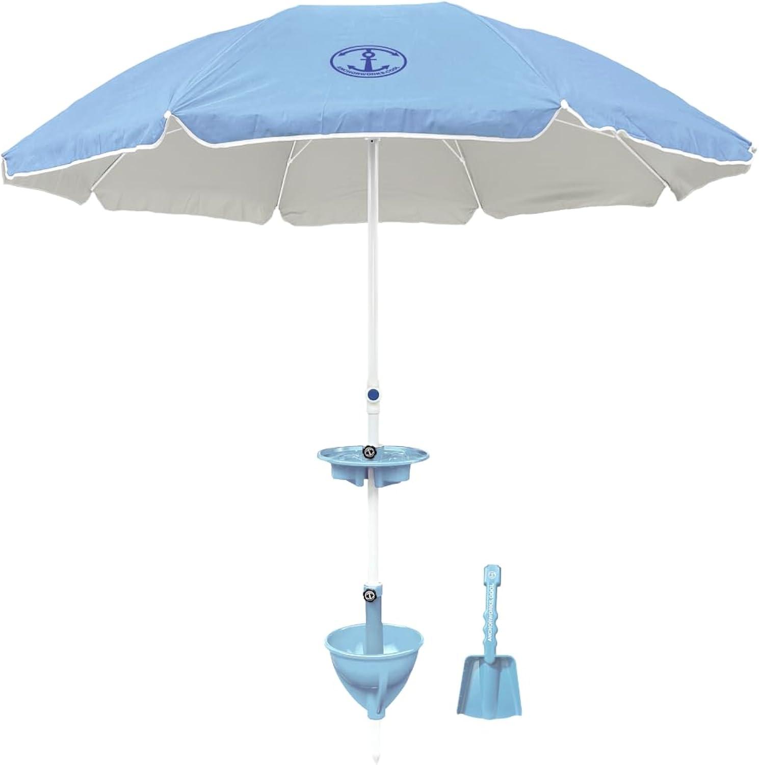 Anchor Works: Classic Beach Umbrella & AnchorONE Kit – Sky Blue - 7.5ft, Carry Bag, Sand Shovel & Drink Tray, UV-Protected, Outdoor Sun Canopy