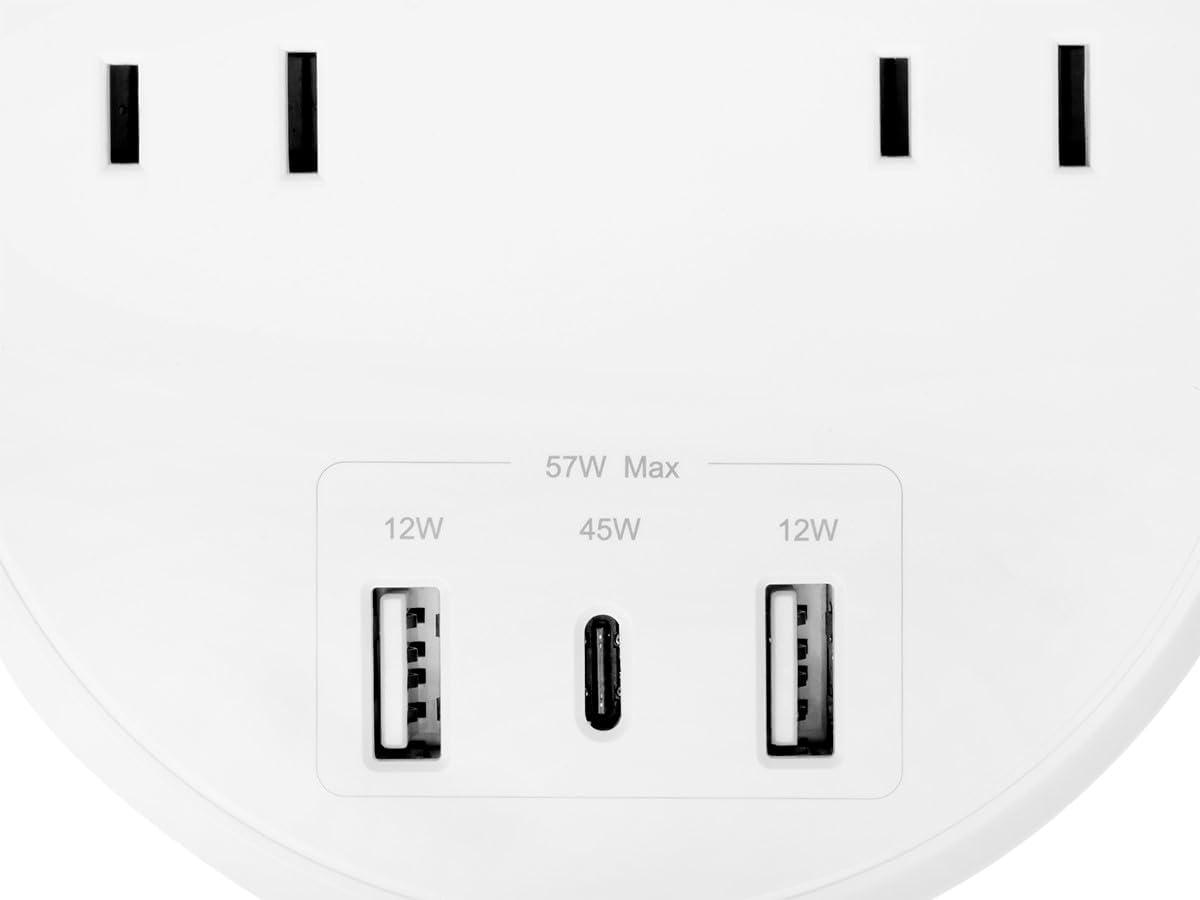 Monoprice USB-C Power Strip, 2 Outlets and 57W 3 USB with 5-Foot Extension Cord, Compact Travel Size, for MacBook Pro, iPad Pro, iPhone, and Galaxy