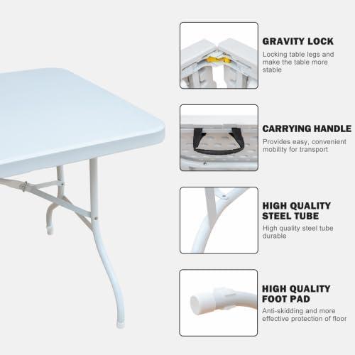 6FT Placstic Folding Camping Table, Indoor Outdoor Heavy Duty Portable Table with Carrying Handle for Dining Picnic Party, Easy to Clean, White