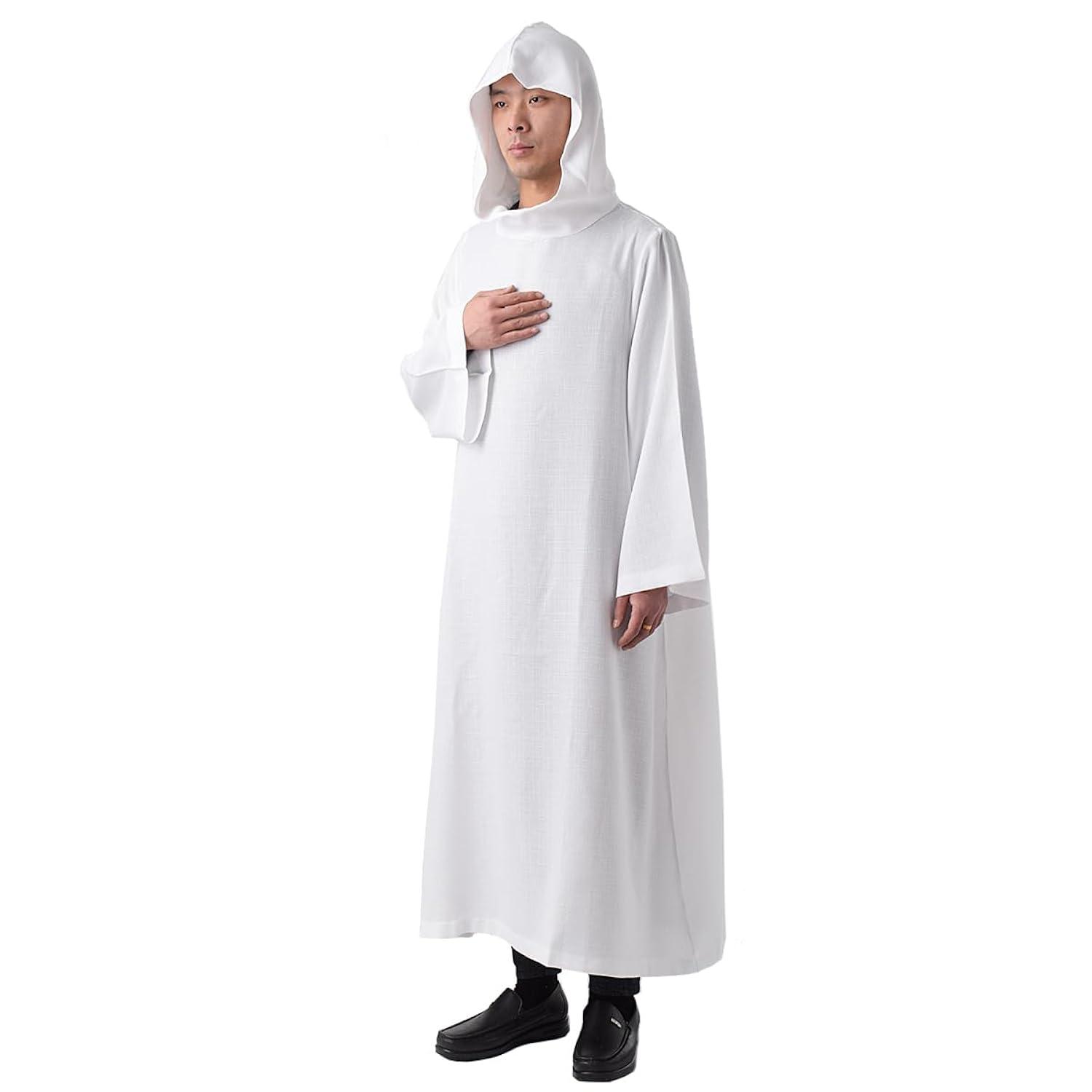 BLESSUME Priest Clergy Alb Pleats Front Wrap Alb Vestments with Cowl Hat