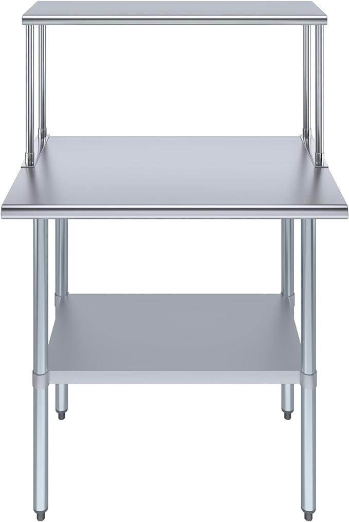 36" Long x 24" Deep" Stainless Steel Work Table With 12" Wide Double Tier Overshelf | Metal Kitchen Prep Table & Shelving Combo