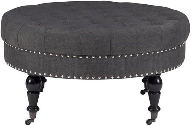 34.6" Isabelle Traditional Round Tufted Upholstered Wheeled Cocktail Ottoman Gray - Linon: Charcoal Linen, Silver Nailhead, Black Legs