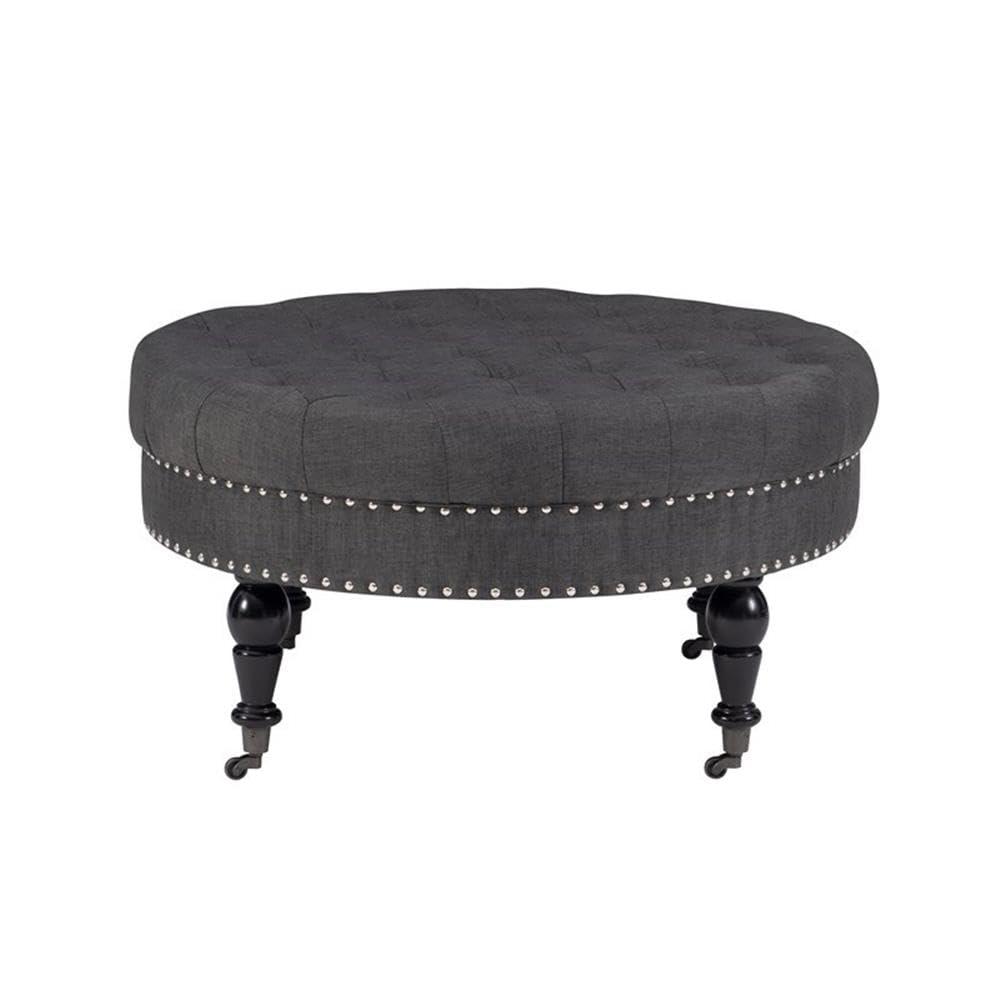34.6" Isabelle Traditional Round Tufted Upholstered Wheeled Cocktail Ottoman Gray - Linon: Charcoal Linen, Silver Nailhead, Black Legs