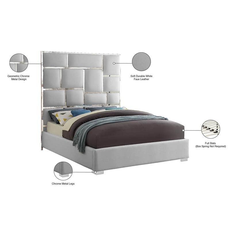 Meridian Furniture Milan Solid Wood and Faux Leather Queen Bed in White
