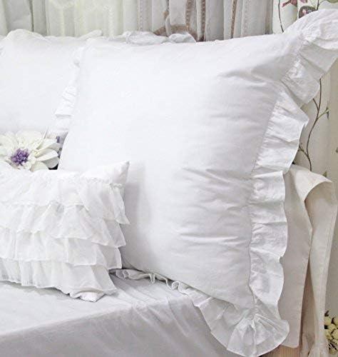 Lemfux Cotton Euro Shams with White Lace Ruffles, 26 x26 Inch, Set of 2,Rustic Farmhouse Lace Shabby Soft Breathable Bridal Pure White European, White Decorative Pillow Covers
