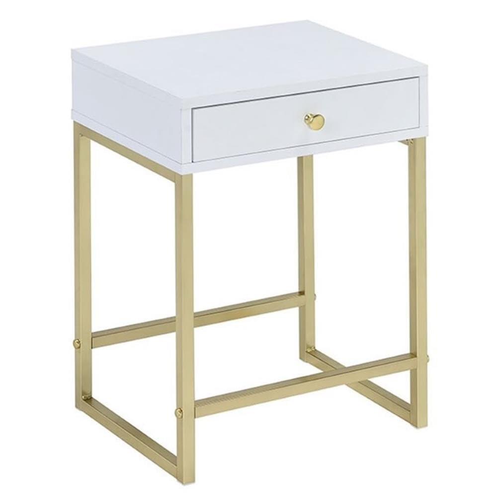 Chic Koren White and Brass Rectangular Side Table with Storage