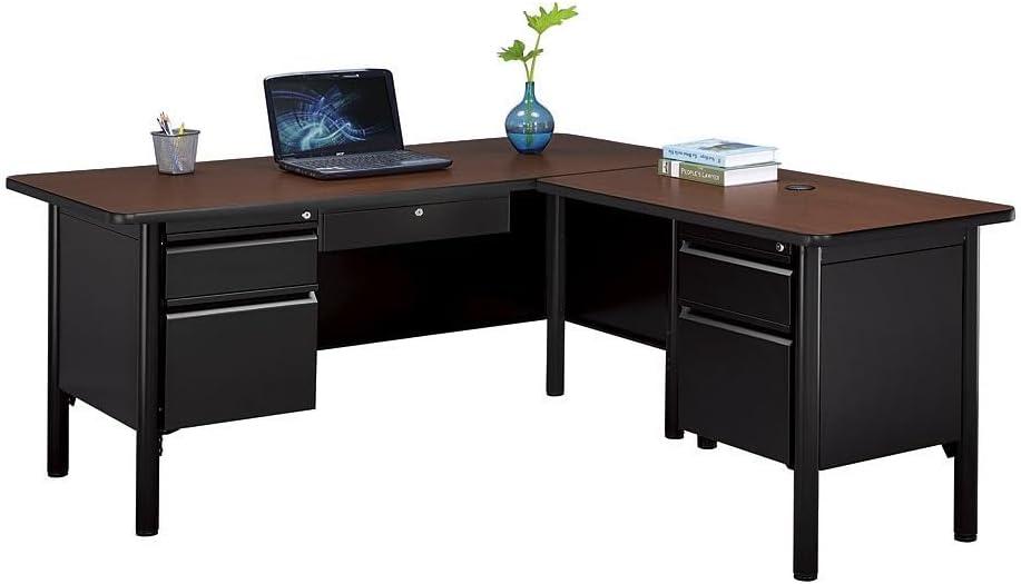 Cherry and Black L-Shaped Executive Office Desk with Lockable Drawers