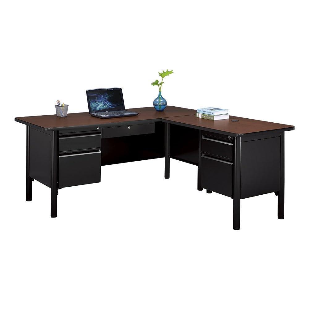 Cherry and Black L-Shaped Executive Office Desk with Lockable Drawers