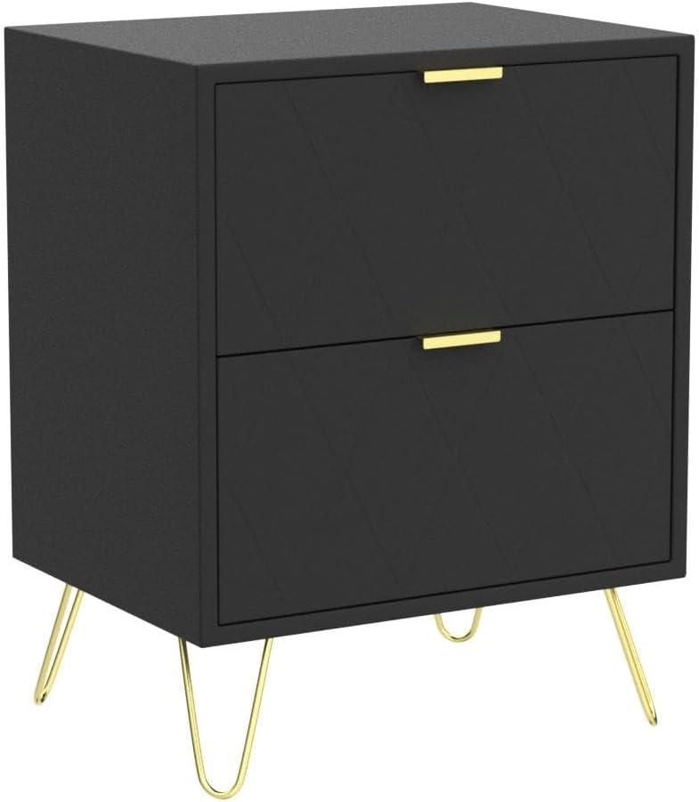 Eclife Set of 2 Black Nightstand End Table 2 Drawers Dressers Modern Mid Century Accent Bedside Tables Stand Wood with Gold Handle Legs for Adult Makeup Bedroom Living Room