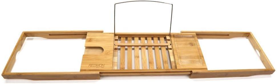 Bamboo Bath Caddy with Reader Stand and Wine Glass Holder, Adjustable Width to 41 Inches