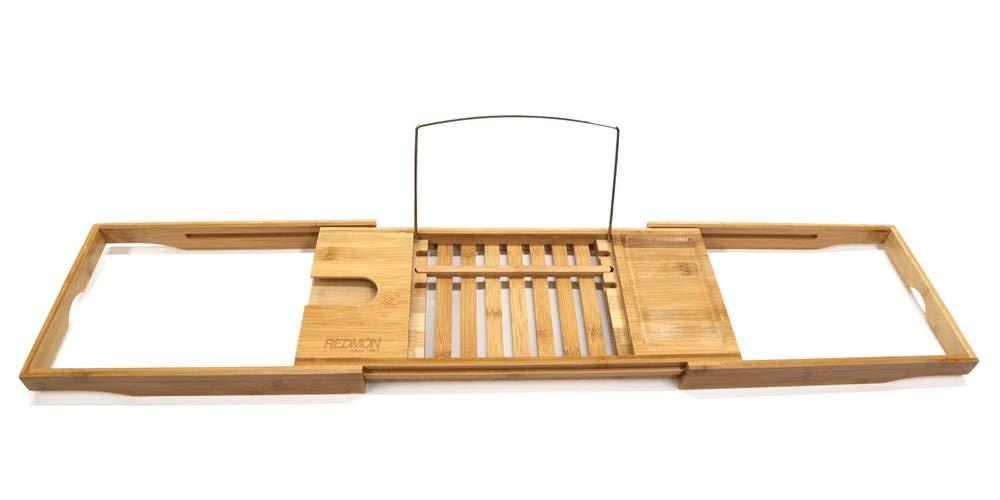 Bamboo Bath Caddy with Reader Stand and Wine Glass Holder, Adjustable Width to 41 Inches