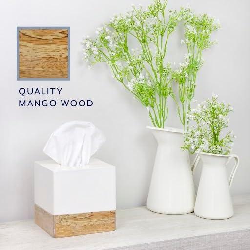 AuldHome Design Tissue Box Cover (Enamel/Mango Wood); Minimalist Scandinavian Decor White Tissue Holder