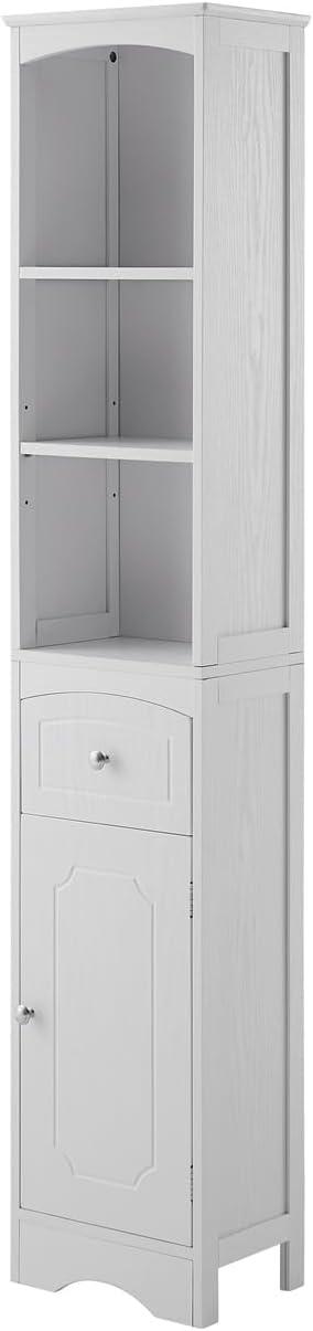 Tall White MDF Living Room Storage Cabinet with Shelves and Drawer